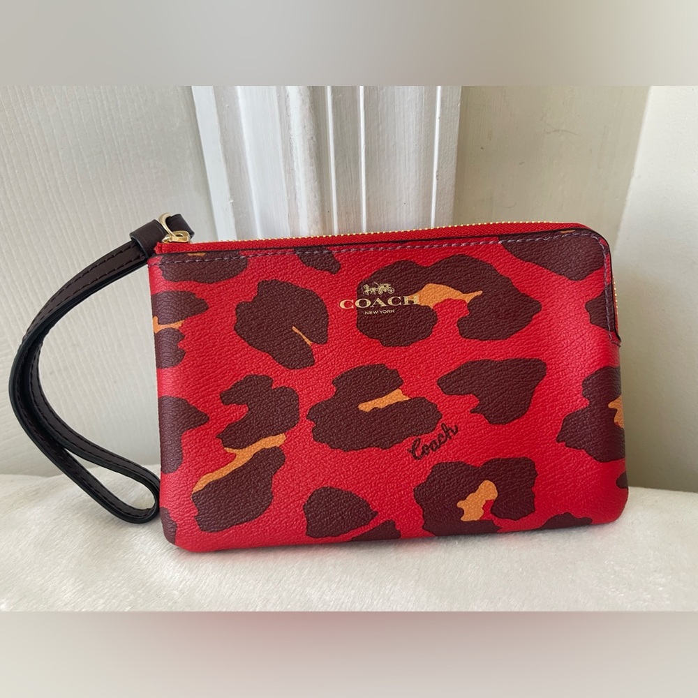 COACH Red Leopard Print Leather Wristlet like new